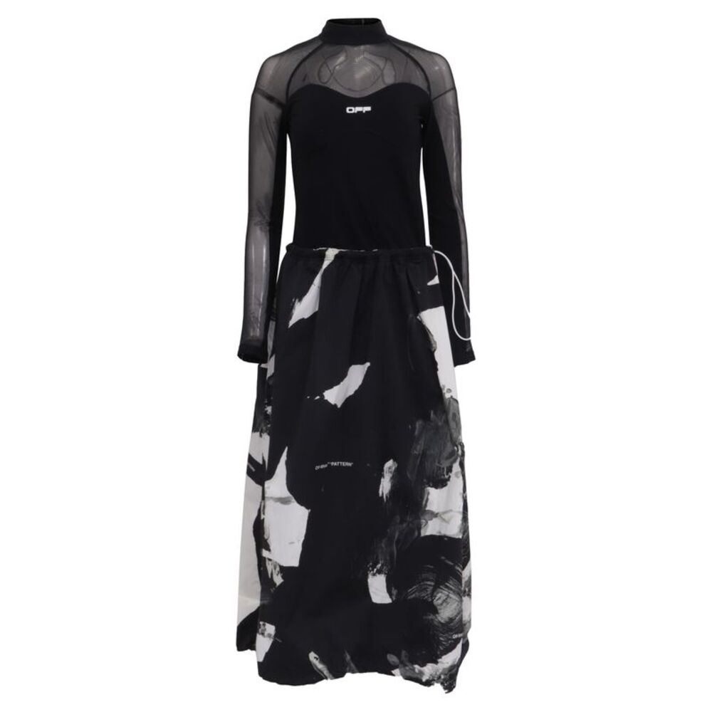 Off-White Printed Mock Neck Maxi Dress in Black Polyamide